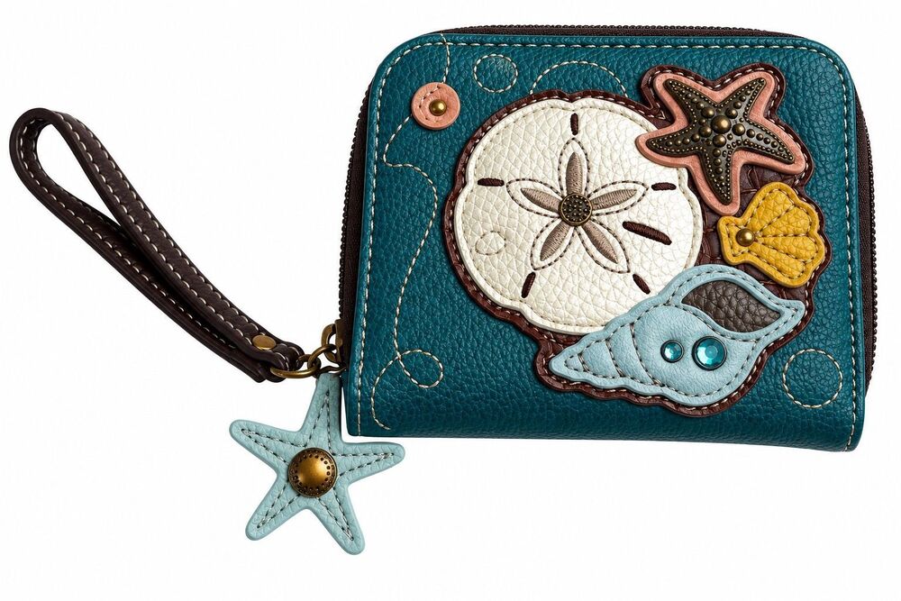 CHALA SAND DOLLAR SHELL TURQUOISE BLUE ZIPPERED DUO FOLD WALLET FAUX LEATHER